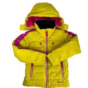 Marmot Girls Puffer Down Jacket Yellow Pink XS Warm Insulated Hooded Windproof